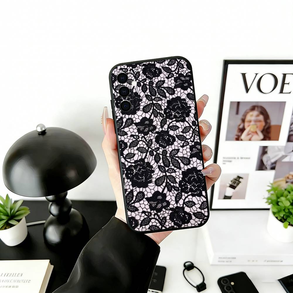 Черный кружевной принт Чехол для телефона Для Samsung Galaxy A73,A72,A71,A70,A53,A52,A51,Другие Мягкий черный чехол