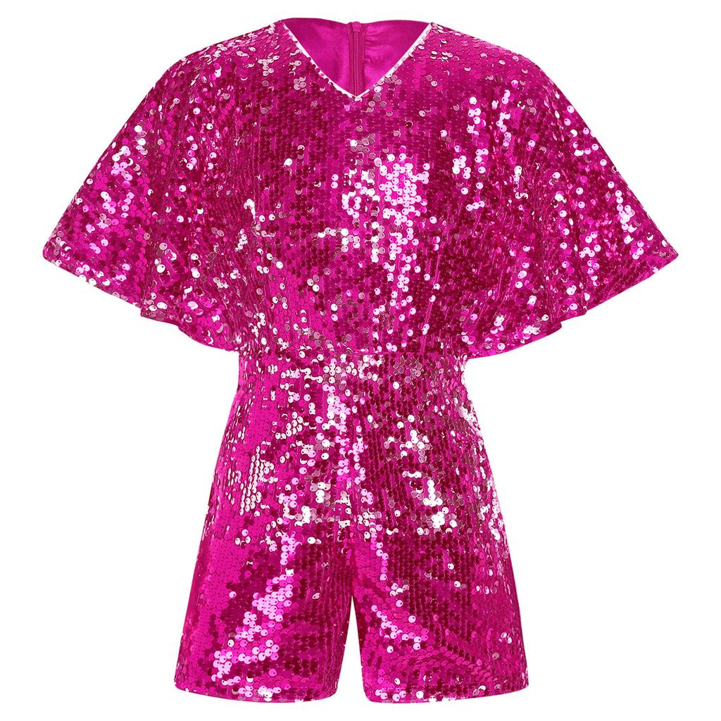 Девушки Блестящий Комбинезон с Пайетками V-образный вырез Рукав-колпачок Боди Костюм для Выступлений на Сцене на День Рождения