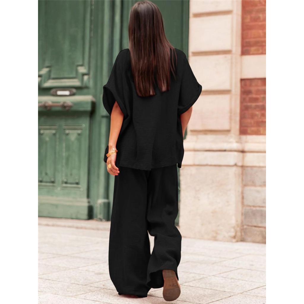 Women's Casual Sets Summer Cotton and Linen Short-sleeved Lapel Shirt Straight Trousers Two-piece Set