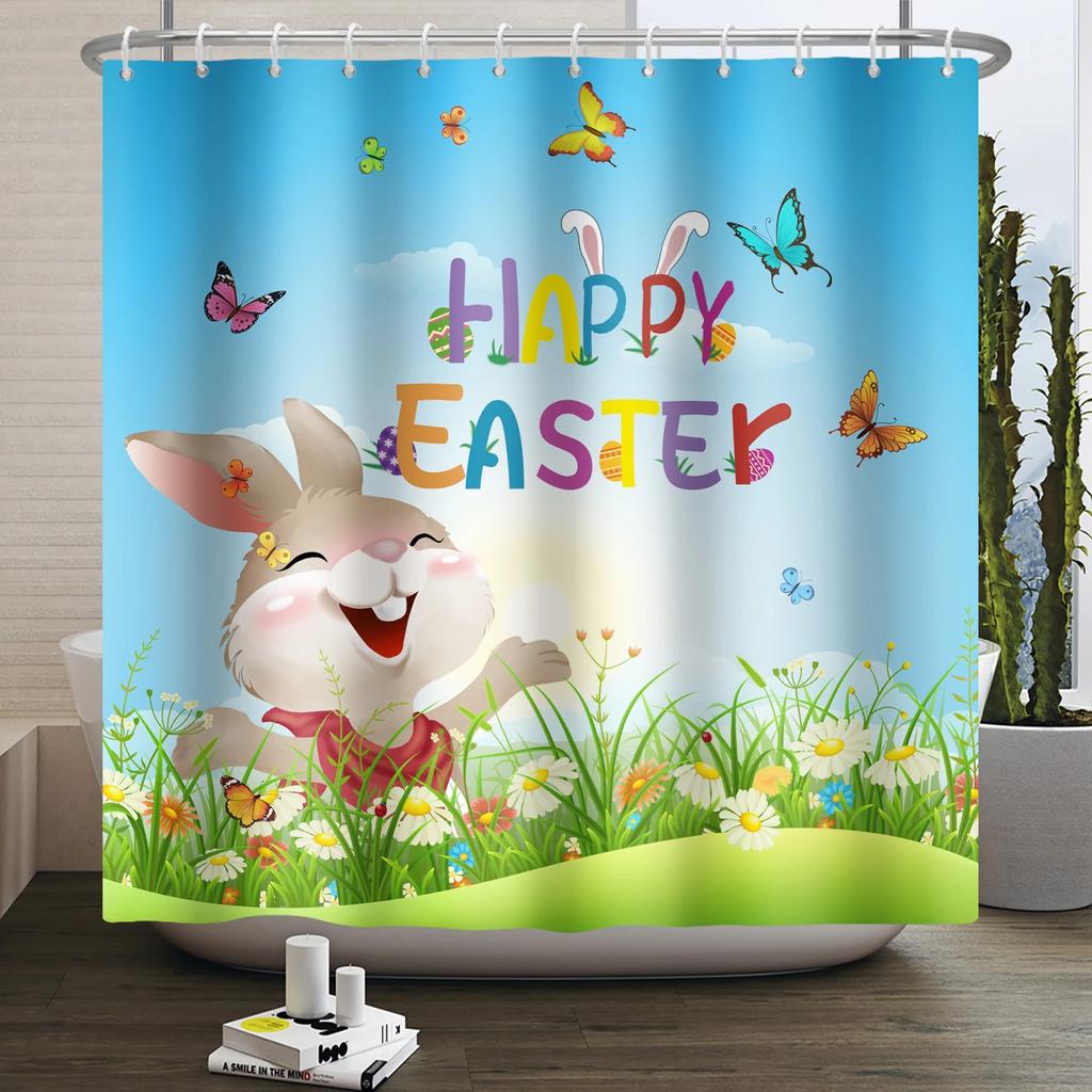 Весенняя Пасхальная Занавеска для душа Счастливый Кролик Кролик Яйца Цветочный Сад Цветочный Праздничный Водонепроницаемая Занавеска для душа для ванной комнаты с крючками