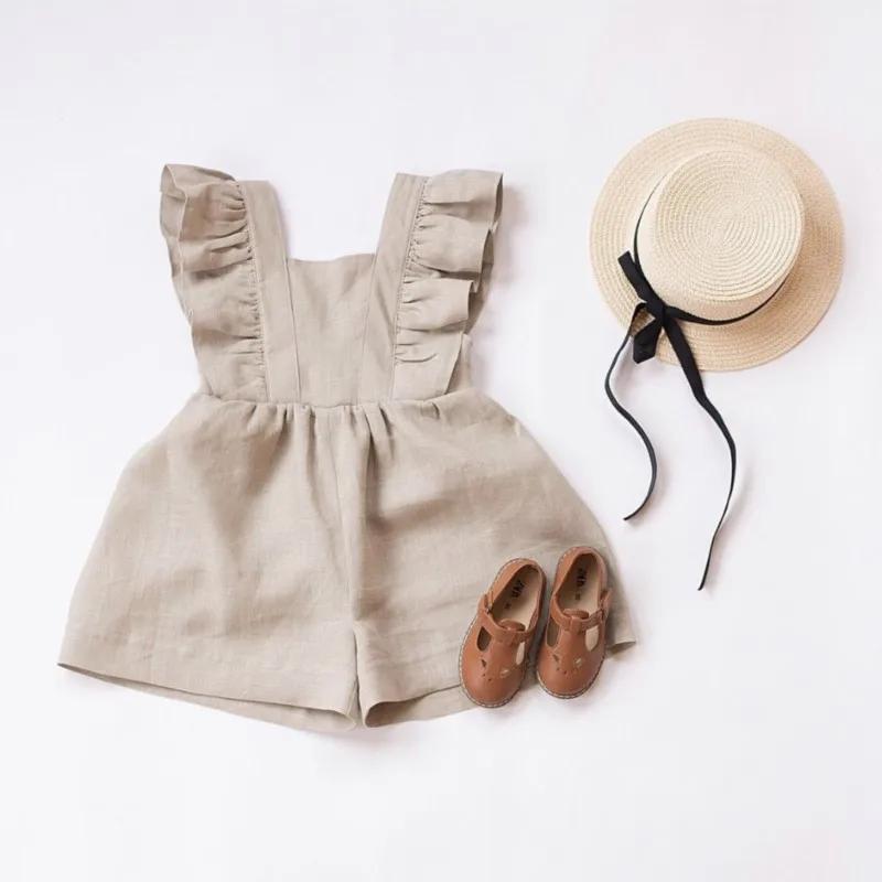 Fashion Baby Girl Linen Cotton Ruffled Jumpsuit Summer Infant Toddler Child Strap Romper Outfit Solid Color Baby Clothes 0-3Y