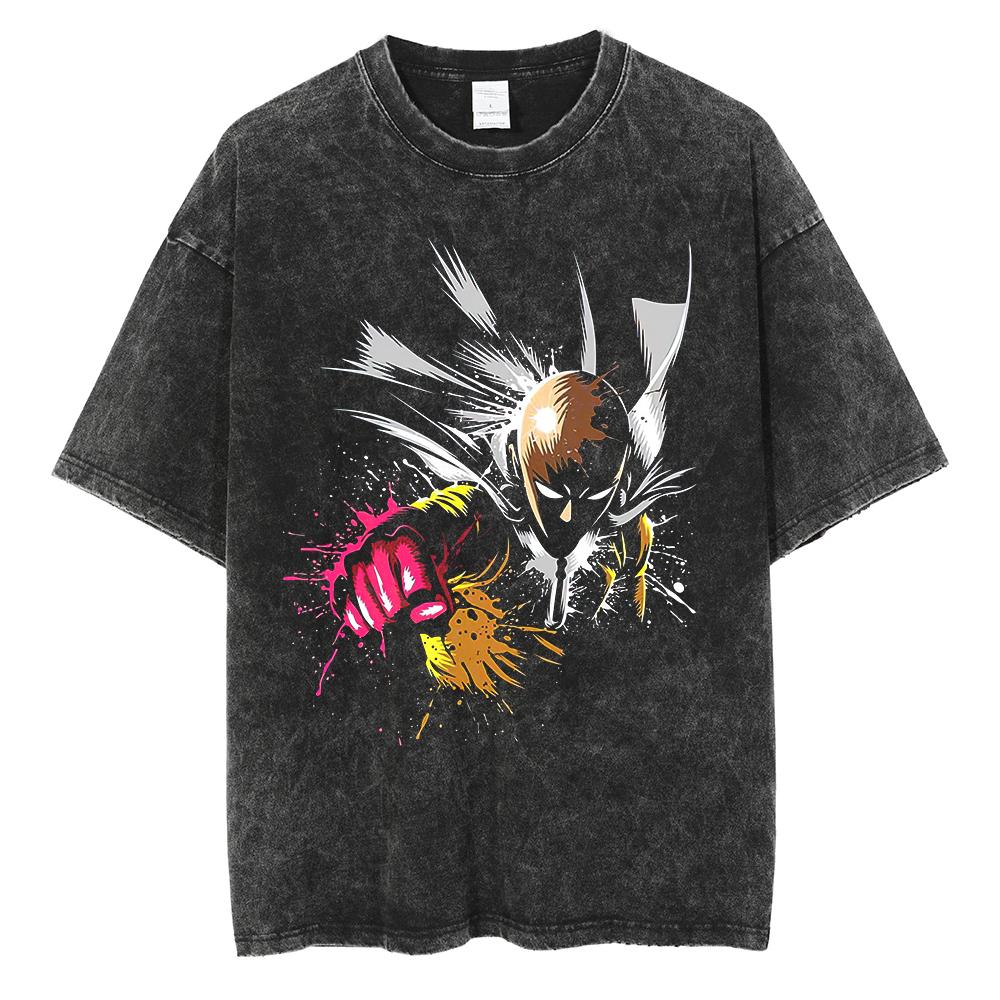 Аниме ONE PUNCH-MAN Сайтама Футболка с принтом Мужская Женская Футболки из стираного хлопка Футболка оверсайз Харадзюку Мужская Манга Винтажная футболка