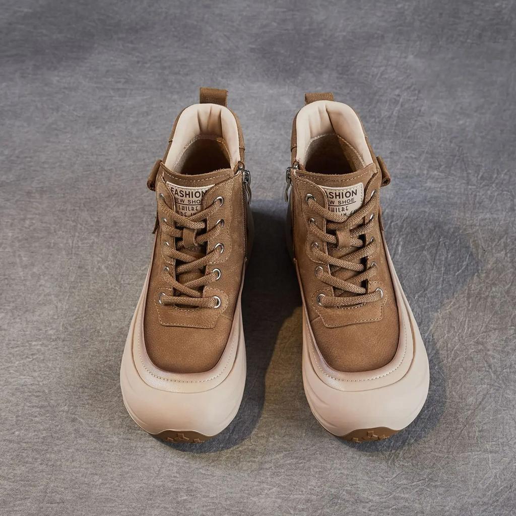 Johnature Ботильоны из натуральной кожи на толстой подошве в стиле ретро с боковой молнией, повседневные женские туфли на плоской платформе со шнуровкой