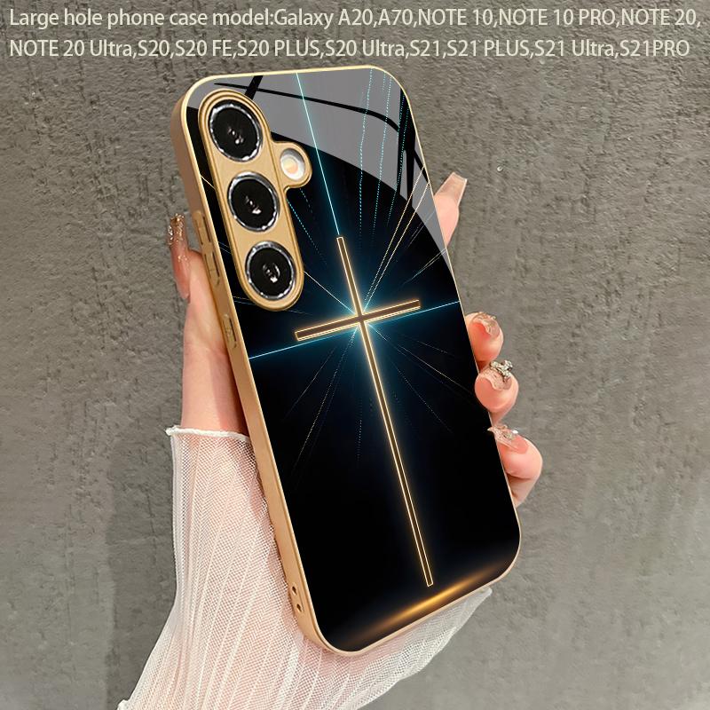 Неоновый чехол для телефона с крестообразным узором 2D для Samsung S26 S25 S24 S23 S22 S21 S20 A56 A36 A16 Золотой стеклянный защитный чехол