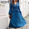Women's Fashion Autumn Winter Solid Color Print Long Sleeve V-Neck High Waist Casual Dresses