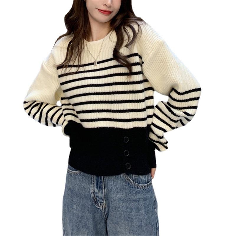 Шикарный осенне-зимний пуловер с круглым вырезом, толстый женский трикотаж, универсальный, свободный, полосатый свитер с длинным рукавом для женщин