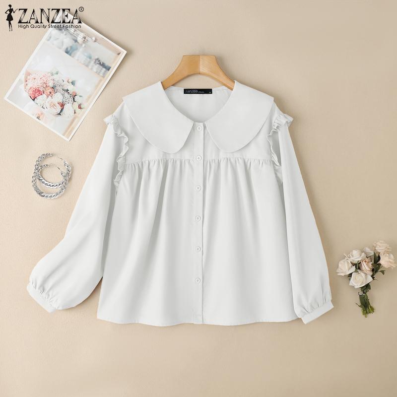 ZANZEA Женская свободная повседневная блузка с длинным рукавом и воротником-стойкой