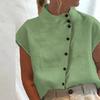 Irregular Button Up Cotton Linen Blouse White Top Green Black Stand Collar Casual Shirt for Women Short Sleeve Shirts