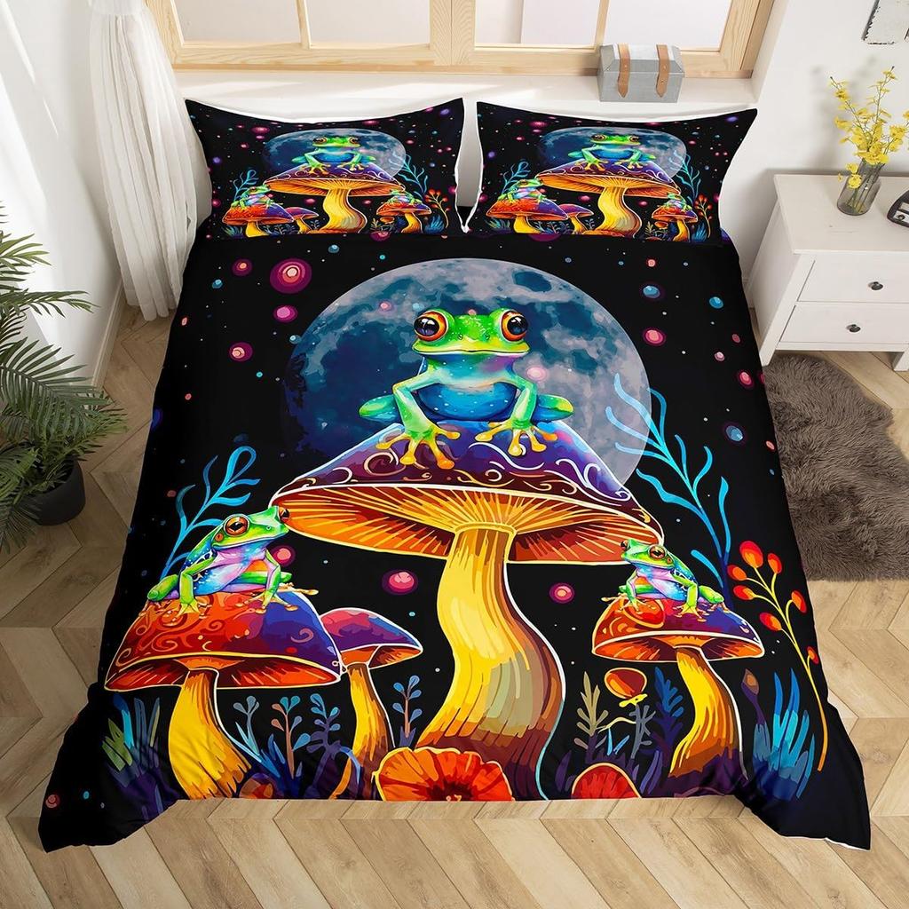 Кавайный пододеяльник с принтом лягушек, пододеяльник с лягушками и грибами, ботанический грибной комплект постельного белья размера твин/полуторный, квин для комнаты девочки-подростка