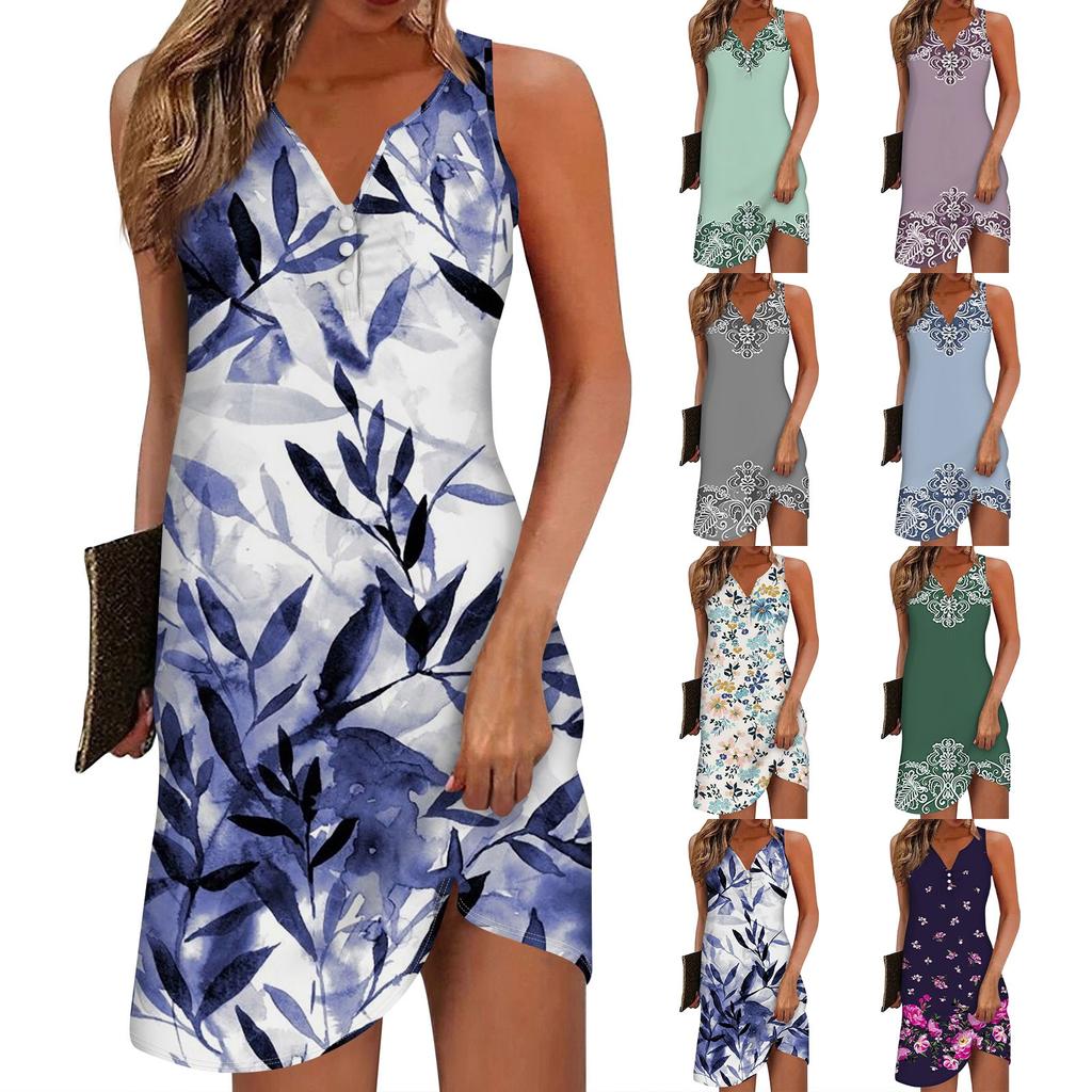 Женское повседневное платье, платье-майка, платье с цветочным принтом на пуговицах, платье с V-образным вырезом, модное, для улицы, без рукавов, свободного кроя, летнее