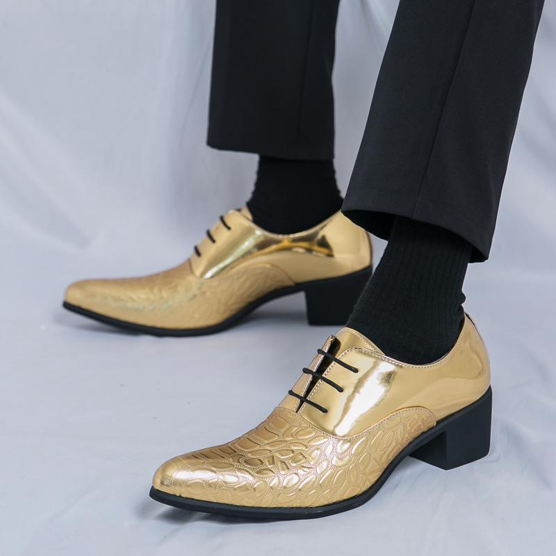 Luxury Designer New Men Pointed Gold Blue Wedding Glossy Leather Shoes Male Oxfords Casual Formal Dress Footwear Zapatos Hombre
