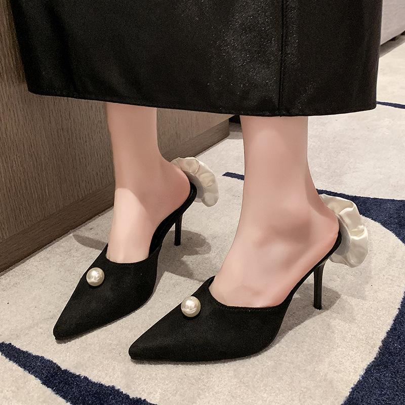 Туфли на высоком каблуке 2025 года, новые, с острым носком, легкие, с жемчужным цветком, туфли-лодочки, черные, сатиновые, элегантные, классные тапочки