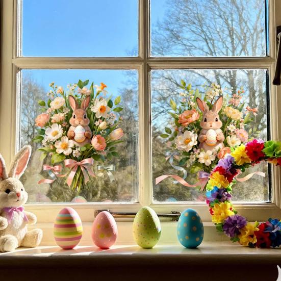 Easter Window Clings Cute Bunny Egg Window Stickers for Glass Windows Double Sided Reusable PVC Decals for Spring Party Home Classroom Decoration