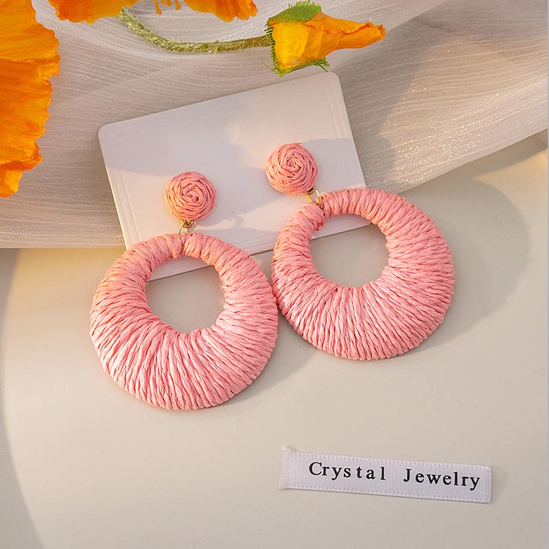 Красочные круглые серьги из богемской рафии с полым дизайном для женщин