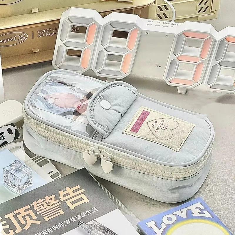 1 Piece Retro Student Pencil Case Vintage American Style Pencil Bag High Capacity Gray Blue Color Stationery Storage Bag School