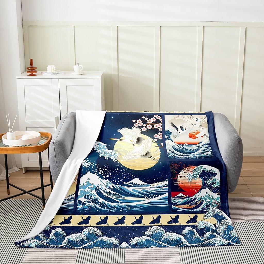 Feelyou Koi Fish Fleece Throw Blanket x Japanese Wave Cherry Blossoms Ocean Plaid Flannel Plush Fuzzy for Bed Couch Chair Living