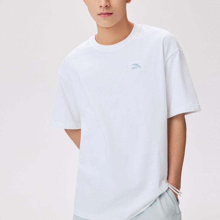 Anta Пуловер с круглым вырезом и узором логотипа, свободная футболка с короткими рукавами, топы унисекс, белые 972328113-1