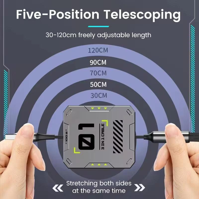 3 In 1 Retractable Phone Data Cable Type C Usb 100W Fast Charging Cable Suitable For Iphone Huawei Xiaomi Android Micro