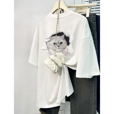 Футболка с короткими рукавами и принтом котенка из хлопка большого размера с рисунком «Смысл старения», новинка лета, универсальный топ с круглым вырезом