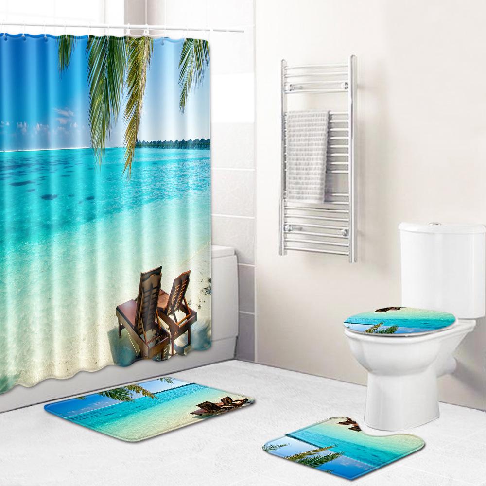 Landscape Shower Curtain Floor Mat Combination Four-Piece Set Bathroom Toilet Carpet Shower Room Mat Foot Mat