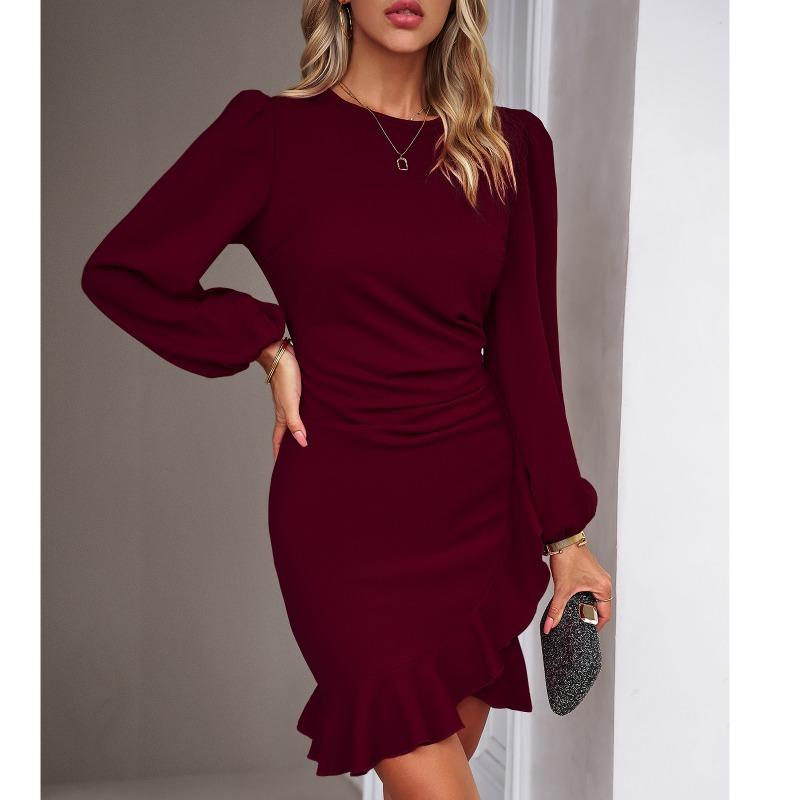 Women Bubble Sleeve Dress Solid Color Fishtail Party Dresses