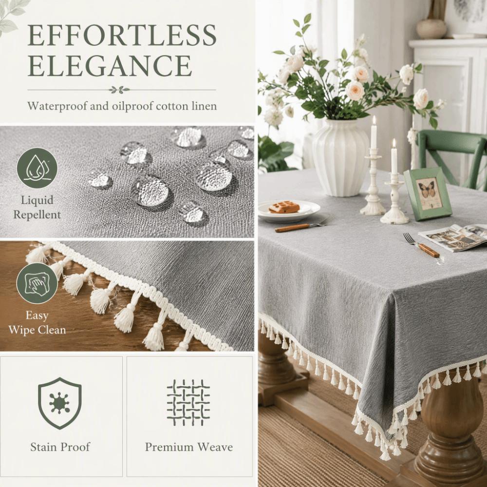 Fade Resistant Tassel Tablecloth Gray Cotton Linen Table Cover Table Cloth Indoor Outdoor