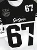 Black and gray short-sleeved jersey with the number 67 printed on it