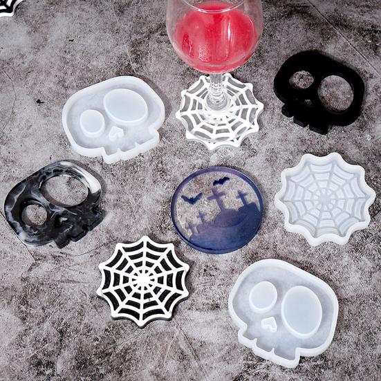 Halloween Coaster Resin Mold Skull Spider Web Tombstone Shape DIY Craft Epoxy Resin Casting Silicone Candle Cup Holder Candle Mould