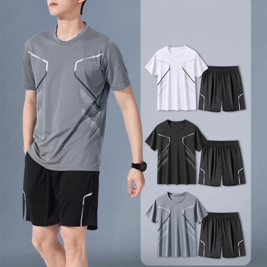 Комплект из 2 предметов: мужской спортивный костюм, круглый вырез, короткий рукав, футболка, эластичный пояс, шорты, быстросохнущая спортивная одежда