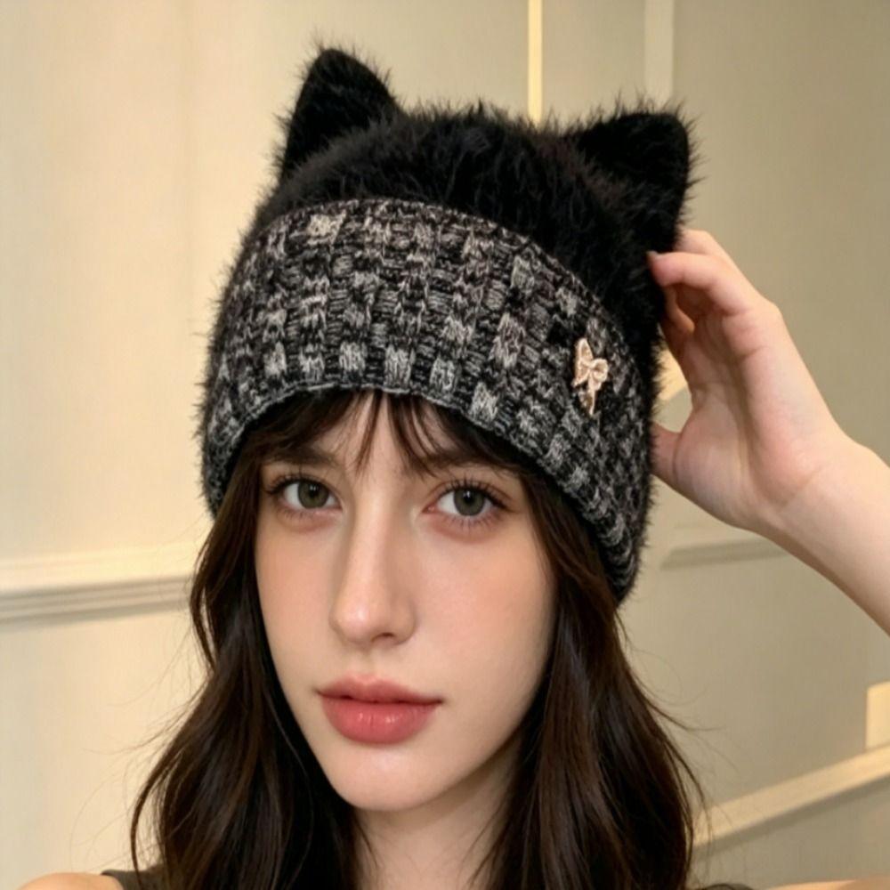 Knitted Yarn Cat Ear Beanie Cat Ear Shape Knitted Cat Hat New Knit Beanie Women's Winter Hat