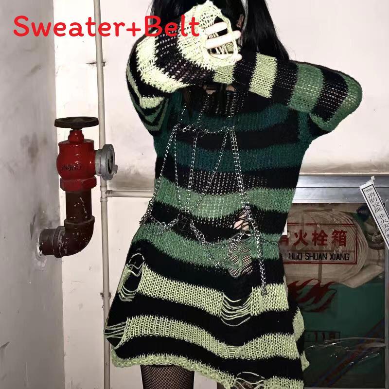 Dark Subculture Loose Stripe Gradient Knit Sweater With Rips For Unisex Punk Style Casual Wear