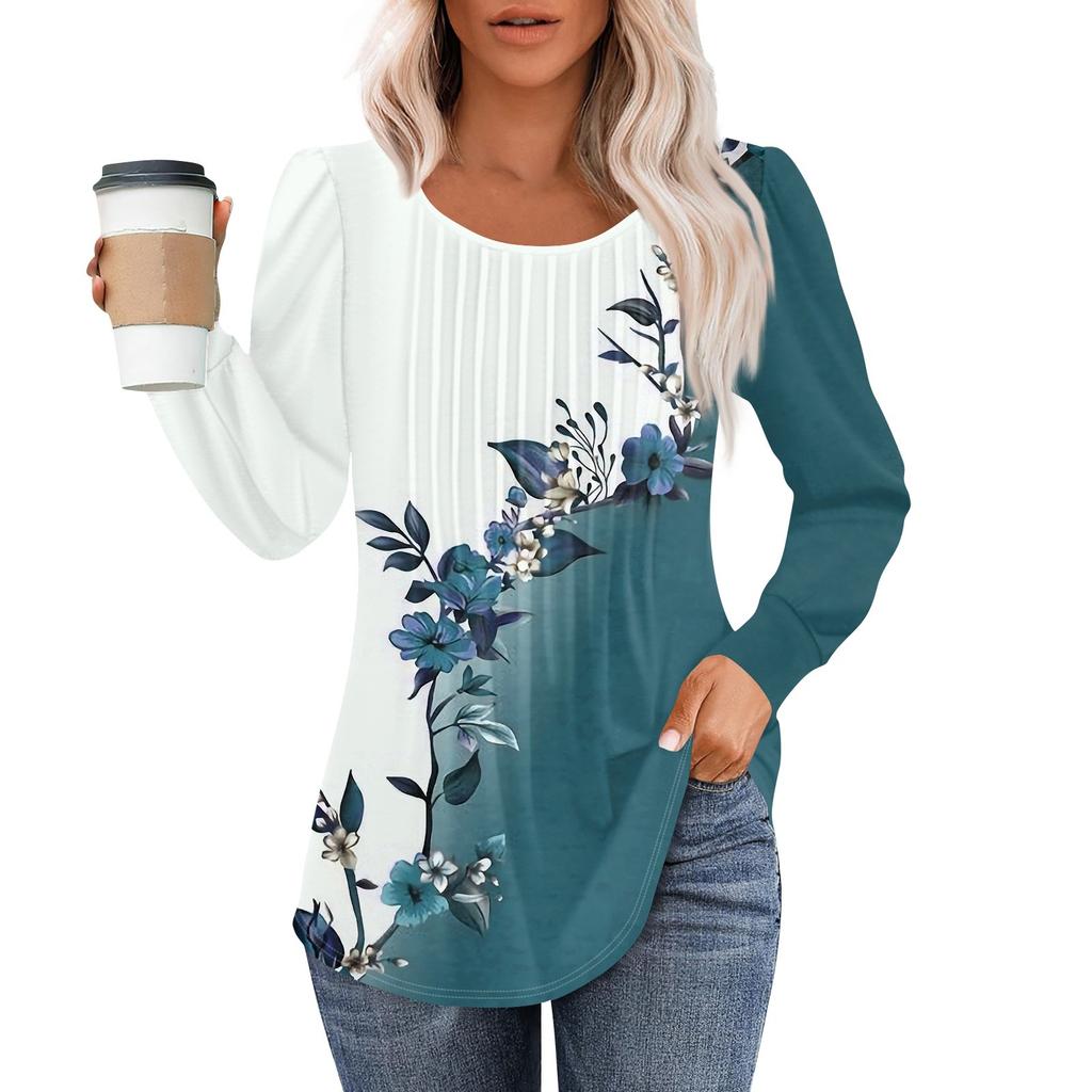 Рубашки с длинным рукавом для женщин, топы, нарядные повседневные блузки, плиссированные топы-туники с круглым вырезом