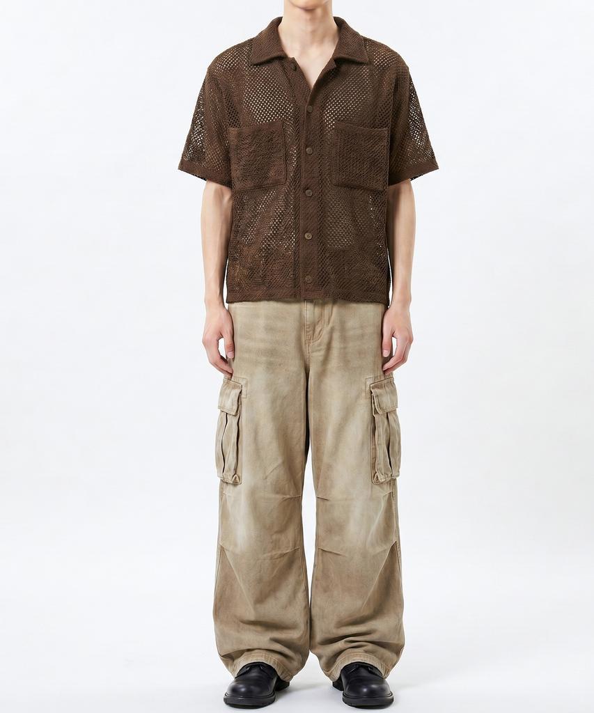 UNDEROFF Two-Pocket Crop Mesh Short Sleeve Shirt Brown