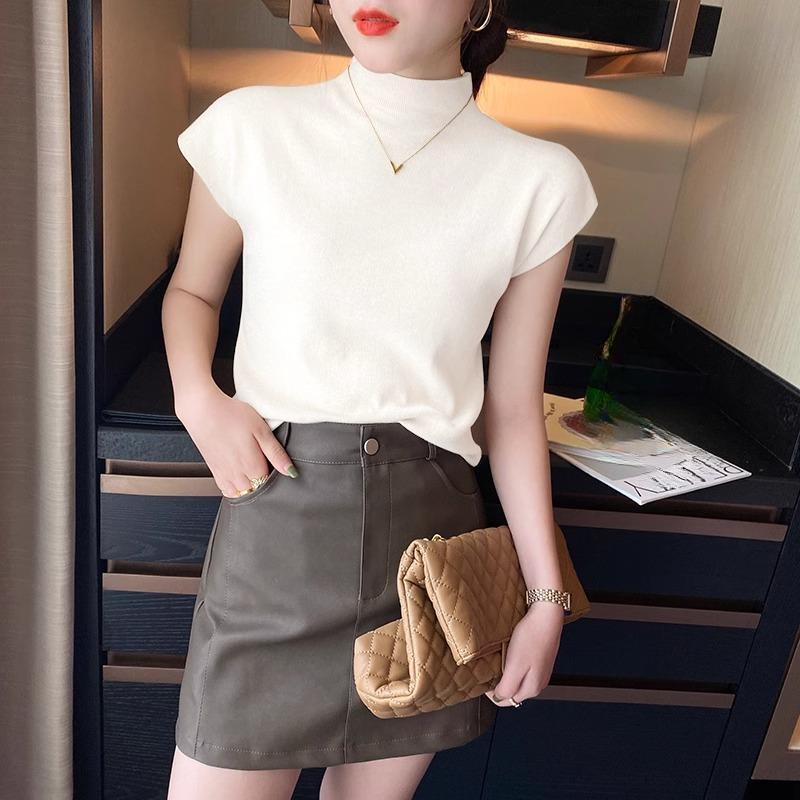 Летний базовый слой, Новая футболка с коротким рукавом, Женский трикотаж, Элегантный, Однотонный, Топ с открытыми плечами и средним воротником