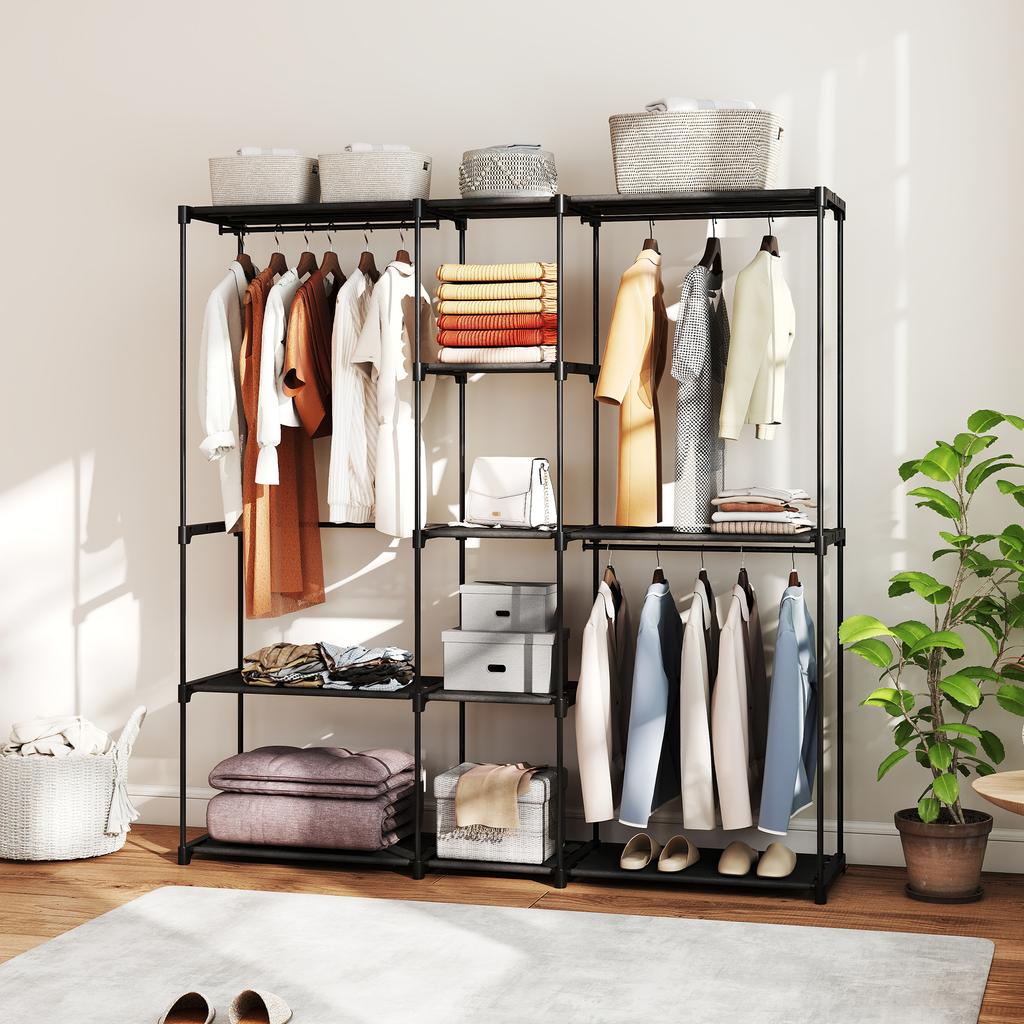 Portable Wardrobe, Open Clothes Wardrobe with 8 Shelves, 3 Hanging Rails, Black