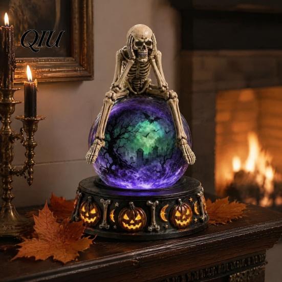 Decorative Window Ornament LED Lighted Halloween Faux Crystal Ball Decoration, Resin Witch/Skeleton/Cat/Ghost Figurine with Detailed Claw Bone