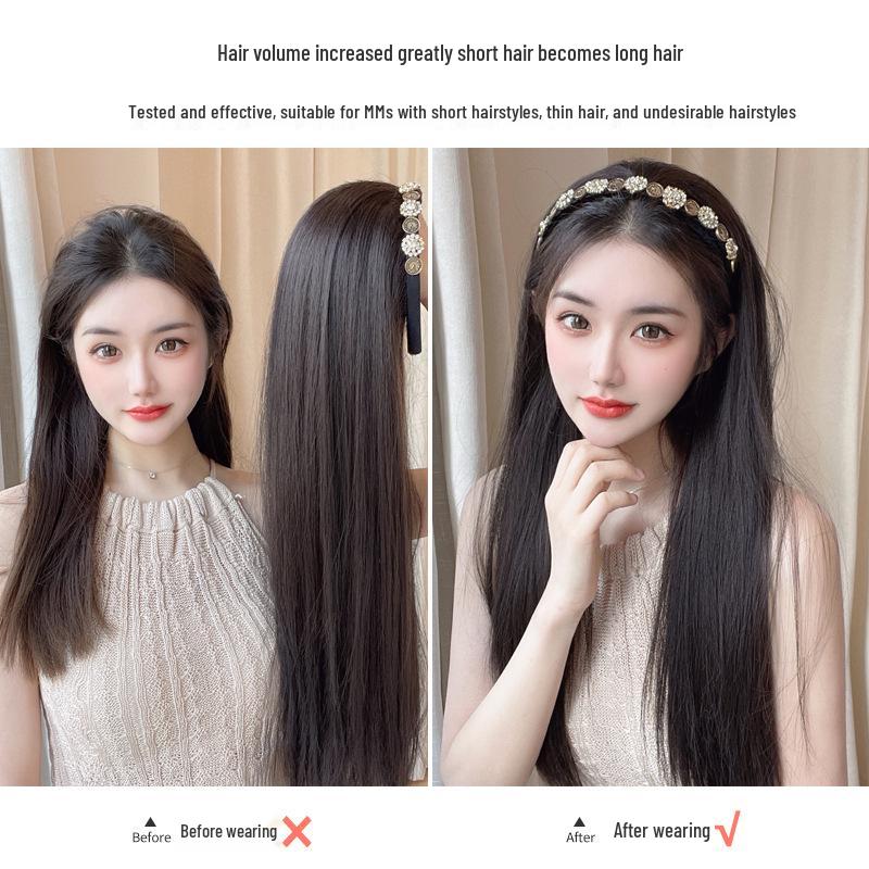 Женский ретро парик-повязка со стразами с длинными прямыми волосами, полупарик U-образной формы