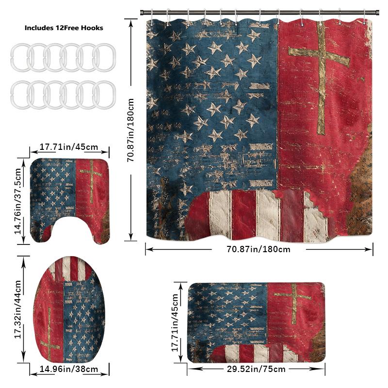 4PCS Shower Curtain Sets With Shower Curtain And Rugs Toilet Lid Rug U Shape Mat And Bath Mat Bathroom Set With 12 Hooks