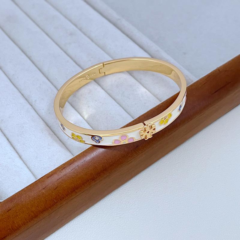 Шикарный эмалированный металлический браслет с цветочным узором в стиле легкой роскоши