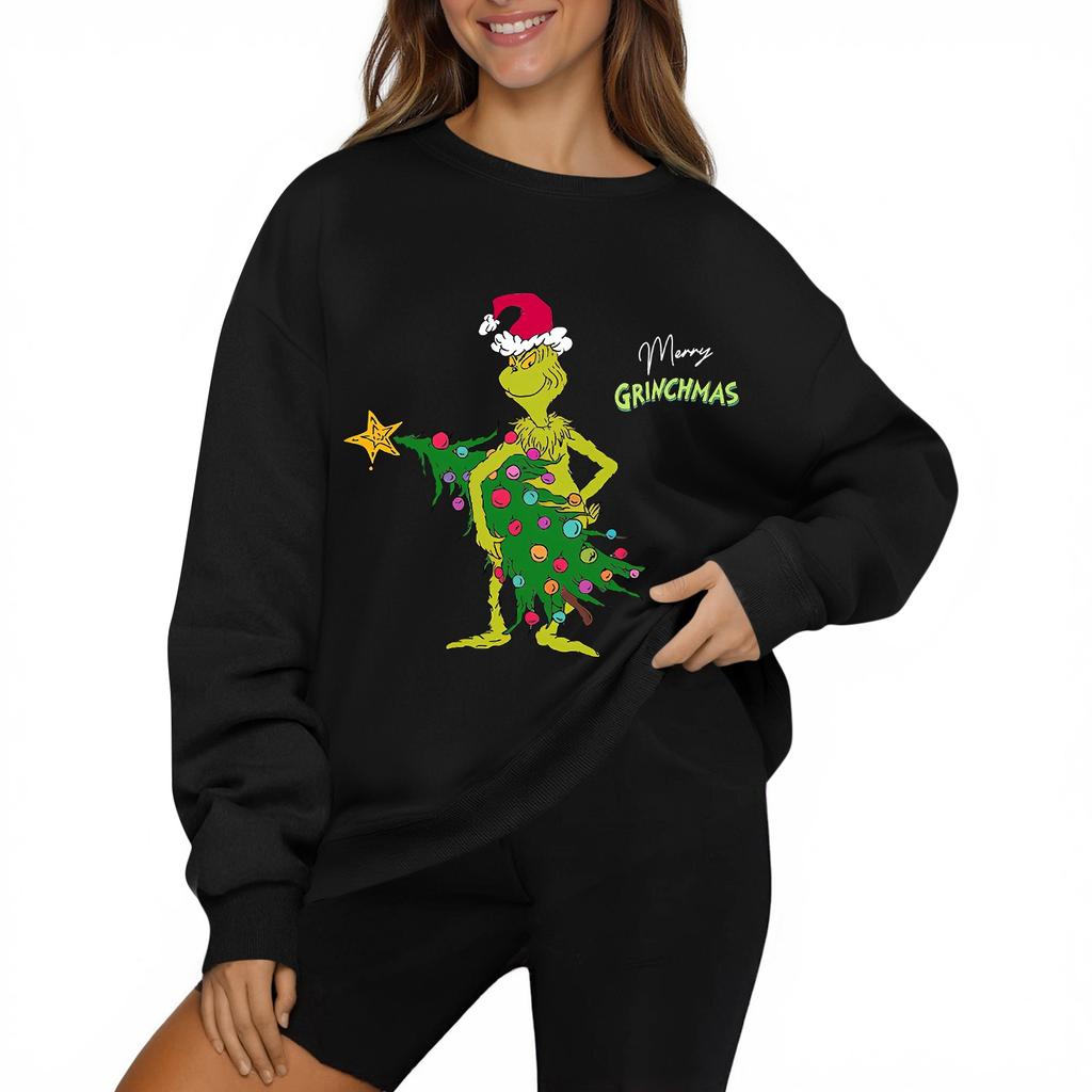Women's Fashion Casual Long Sleeve Solid Color Christmas Printed Round Neck Top Sweatshirt