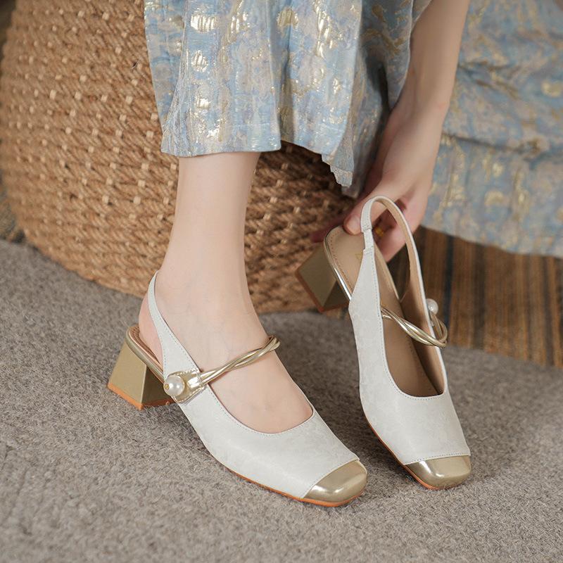 Shallow Single Shoes Women'S Spring Retro Buckle Low Heels Literary Square Head Soft Leather Mary Jane Shoes