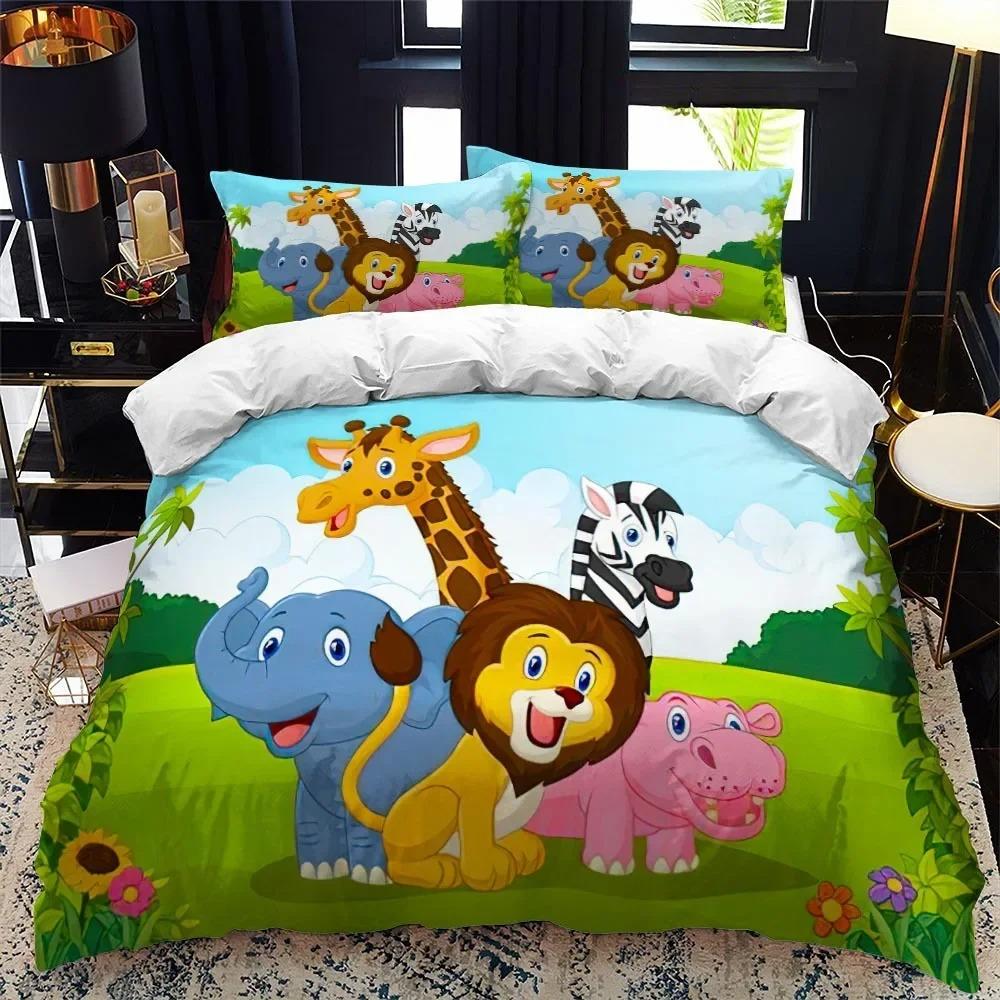 Cartoon Animal Duvet Cover King Queen Zoo Tiger Elephant Lion Bedding Set Kids Colorful Wildlife 2/3pcs Polyester Quilt Cover