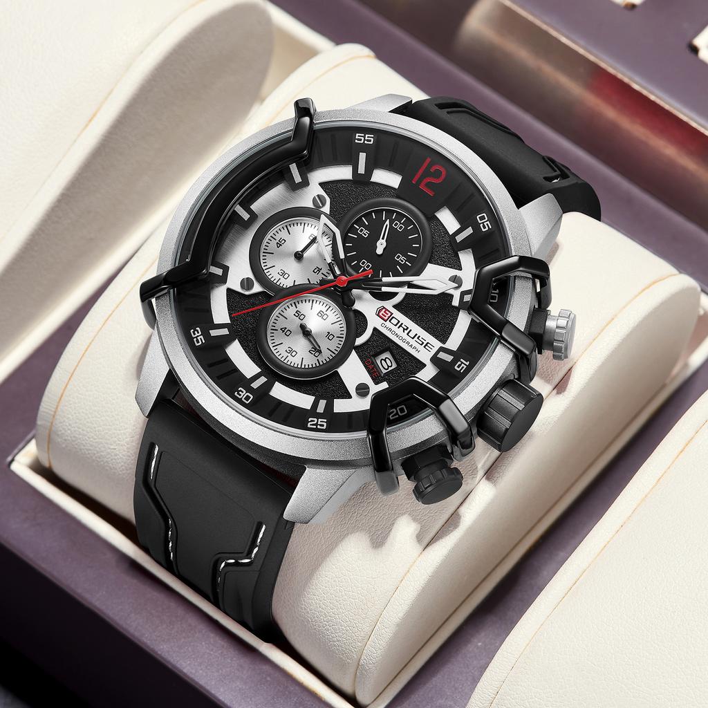 BORUSE Fashion Men's Watch Pointer Quartz Men's Watch Large Dial Men's Watch Calendar Men's Watch Silicone Strap Watch for Men