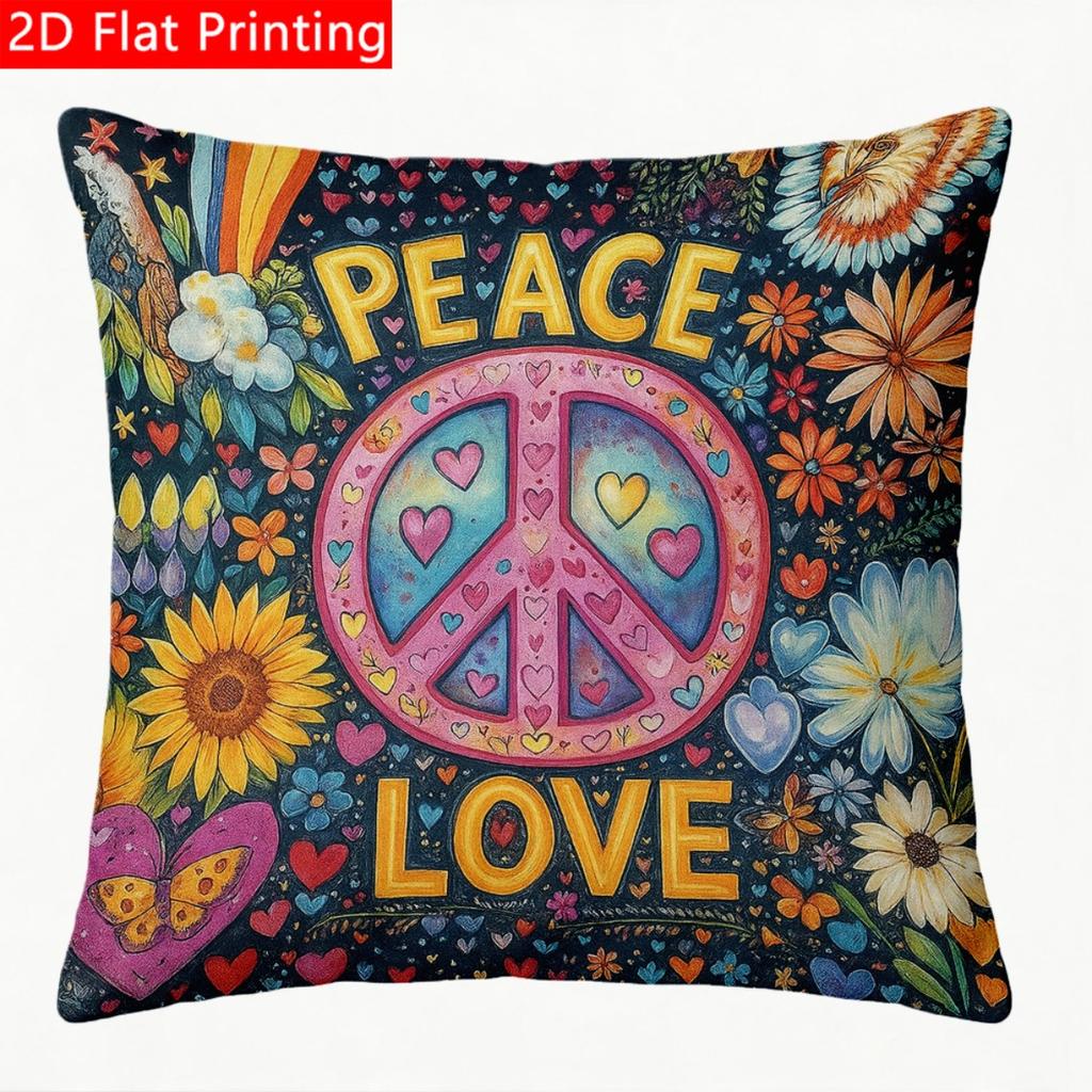 2D Flat - 1pc 2D Flat Throw Pillow Cover with Vibrant Hippie Peace Love Floral Pattern Print Premiu