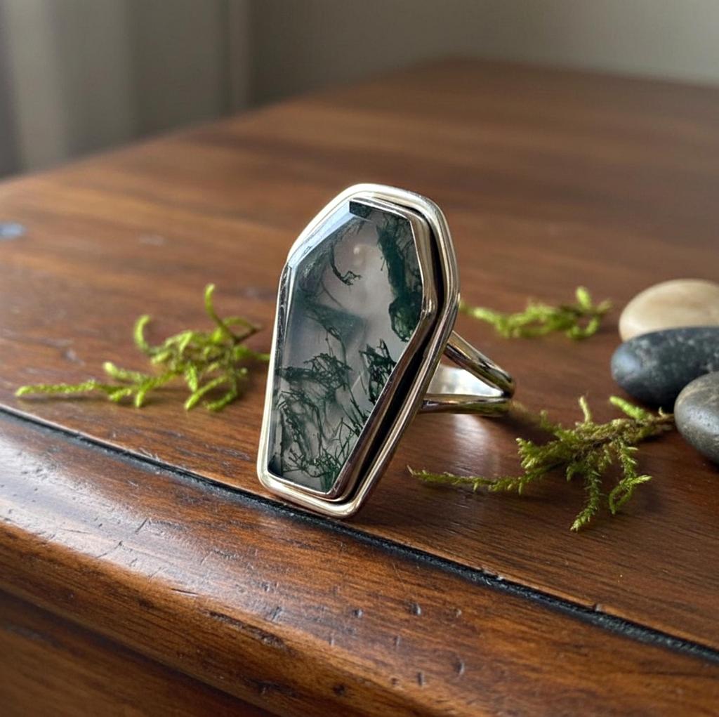 Кольцо в виде гроба, Кольцо с моховым агатом, Кольцо из чистого серебра 925 пробы, Ювелирные изделия ручной работы, Кольцо в стиле бохо, Кольцо с зеленым драгоценным камнем, Заявление, Кольцо Обещания