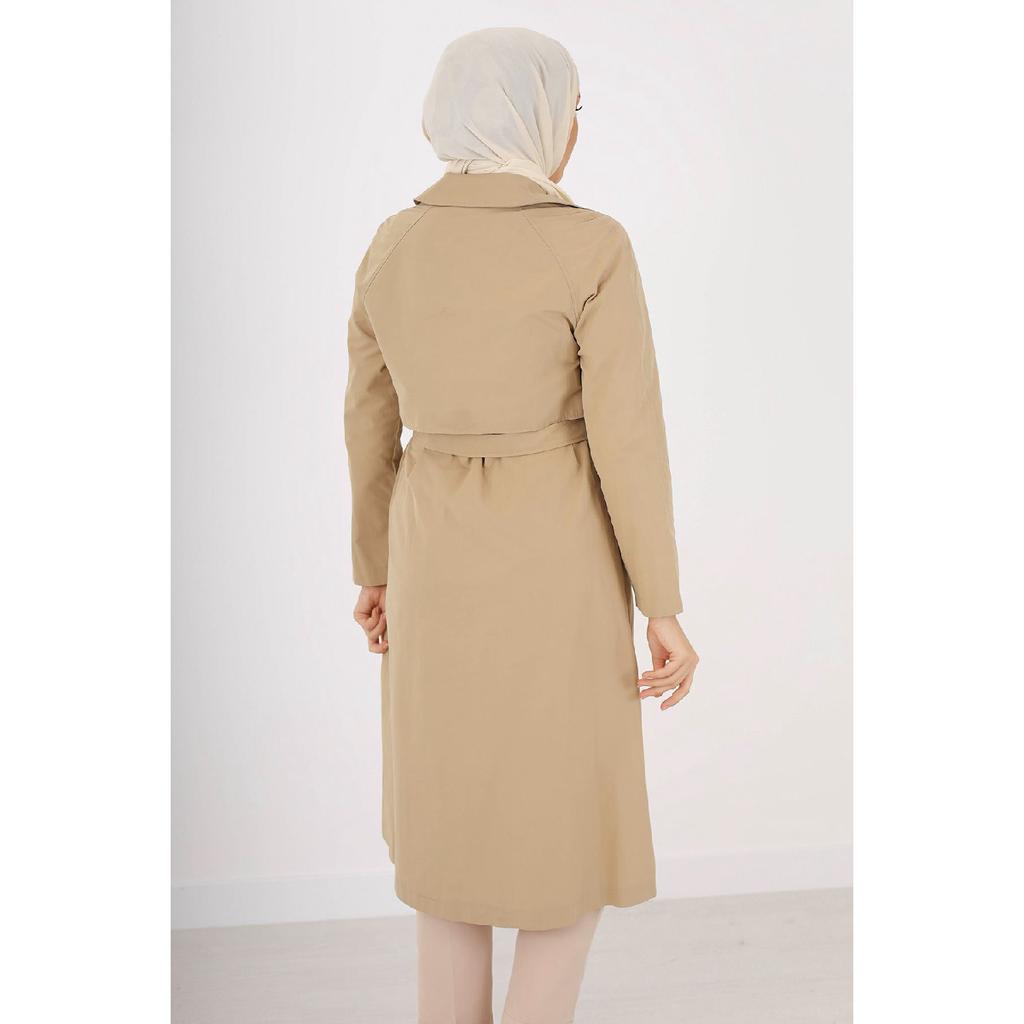 Двубортный тренч средней длины с рукавами реглан (120 см) Темно-бежевый 7558