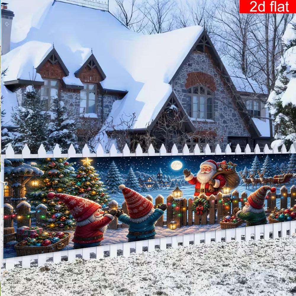 Merry Christmas Yard Banner, Santa Claus Reindeer Dwarfs Tree Pattern, Polyester Outdoor Garden Fence Door Party Decoration