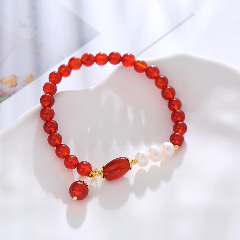 Red Agate Bracelet For Women Natural Freshwater Pearl Beaded Bracelet With Pendant Elegant Elastic Jewelry Gift