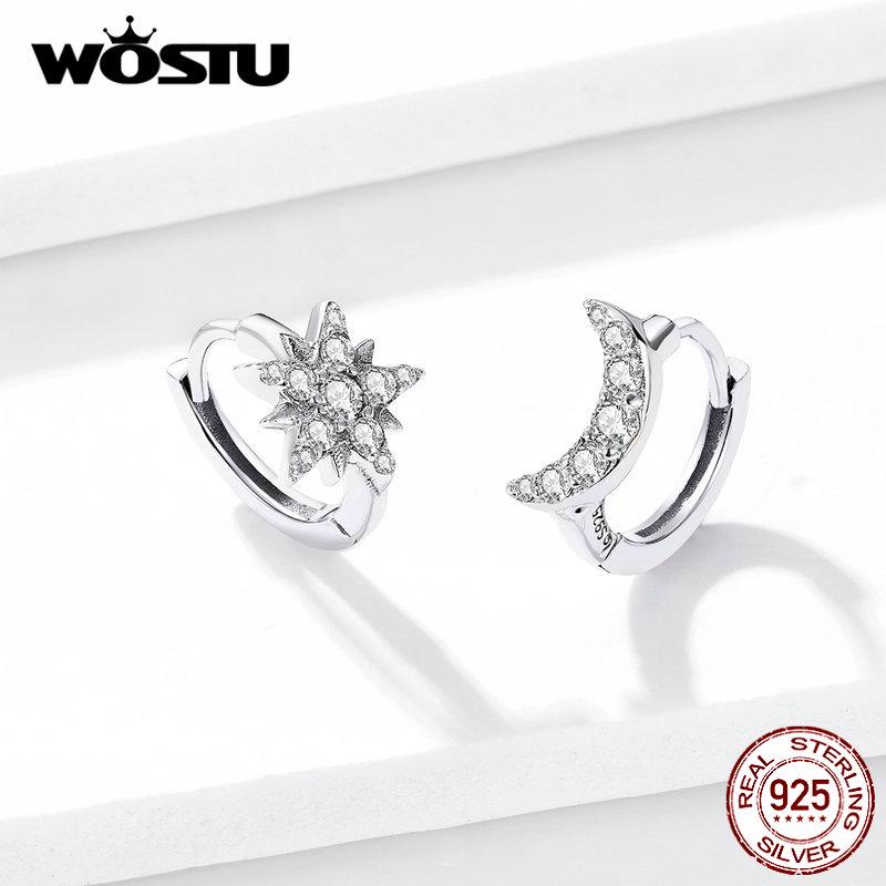 WOSTU Authentic 925 Sterling Silver Moon Star Earrings Classic Zircon Smart Earrings For Women Making Fine Jewelry CTE289