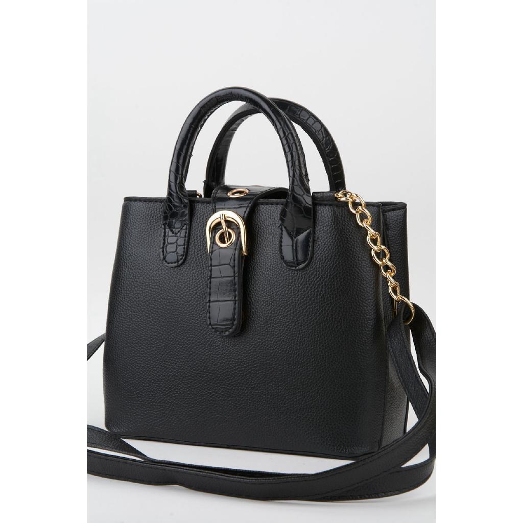 Women's Black Faux Leather Croco Patterned Strap Snap Fastener Zipper Closure Hand And Shoulder Bag